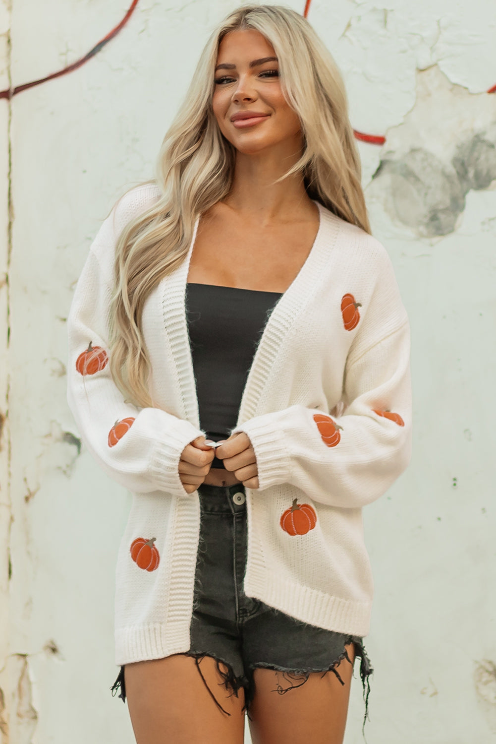 White Pumpkin Print Cardigan – Women’s Open Front Midi Sweater, Drop Shoulder Knit Fall Outfit Layering Piece