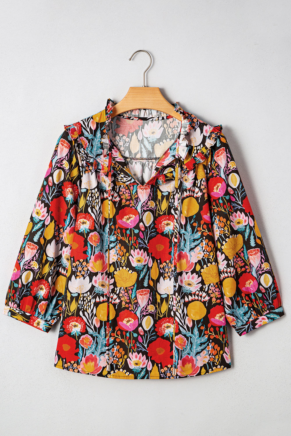 Fall Floral Blouse – Women’s Black Ruffle Neck Tie Top with 3/4 Puff Sleeves