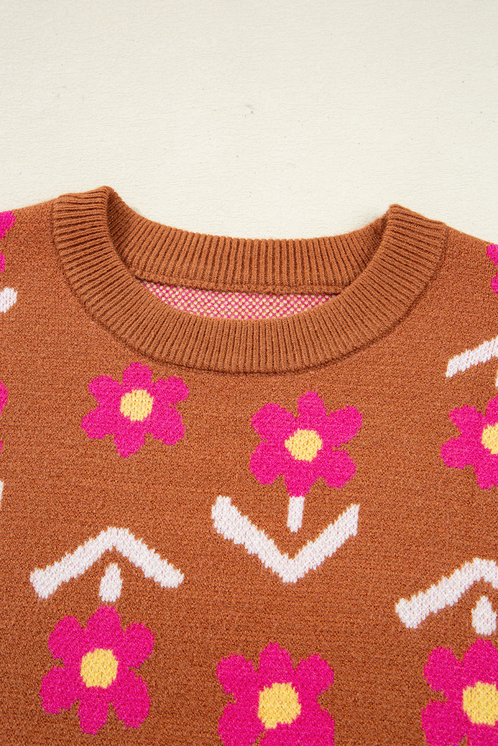 Women’s Fall Floral Sweater | Brown &amp; Pink Short Puff Sleeve Knit Top