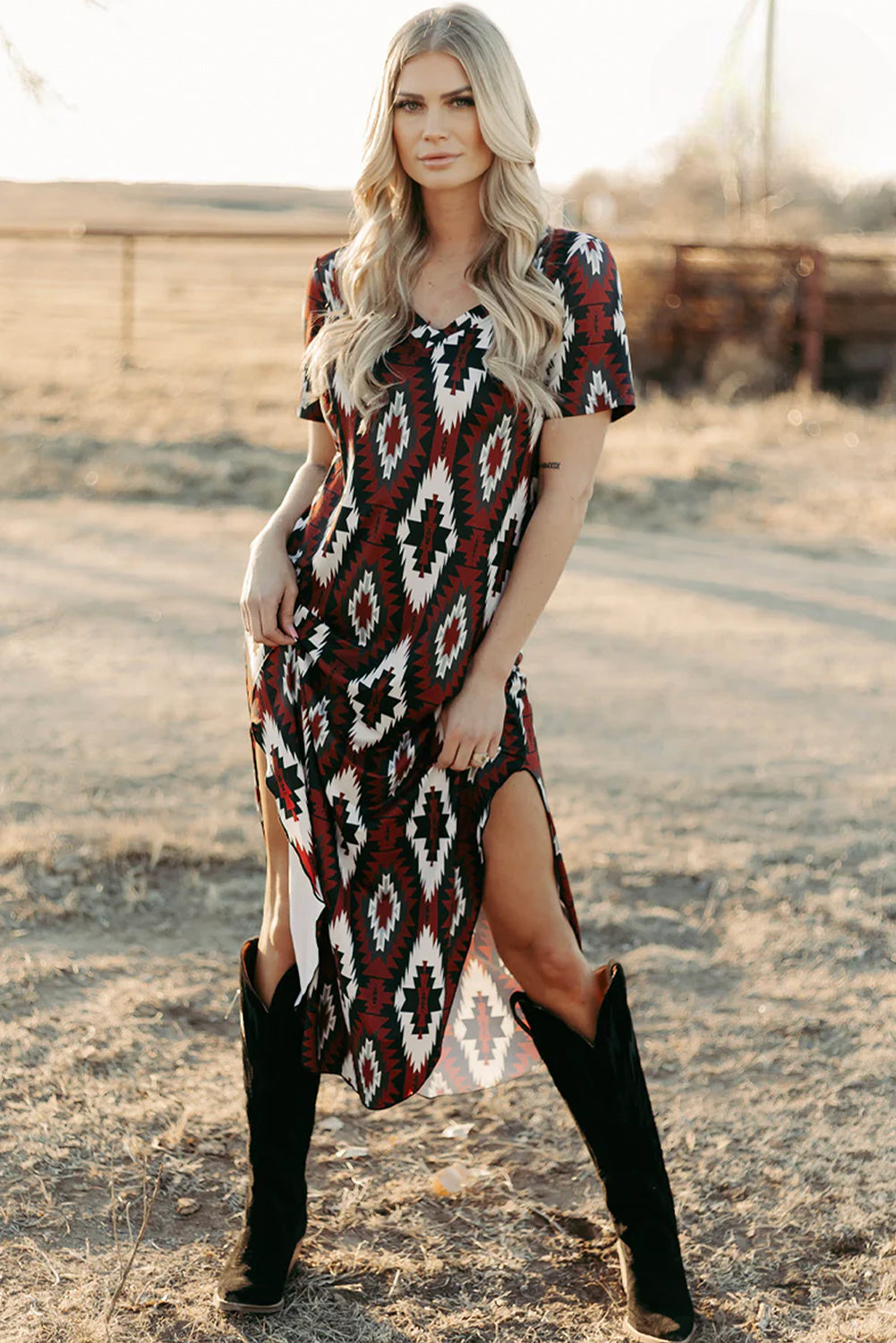 Red Western Aztec Print T-Shirt Dress | V-Neck Long Dress with Side Slits