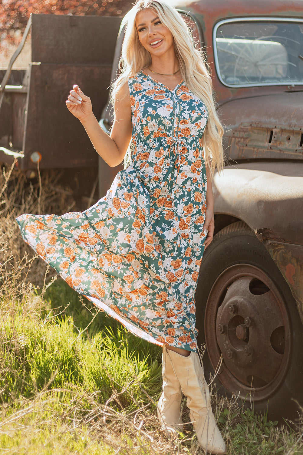 Green Floral Print Tie Waist Long Dress | Sleeveless V-Neck Tiered Maxi Dress