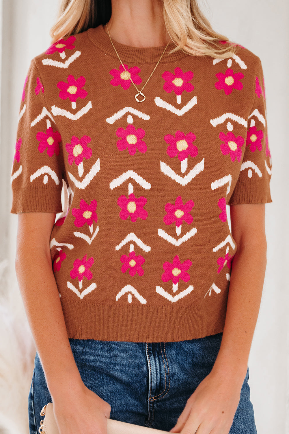 Women’s Fall Floral Sweater | Brown &amp; Pink Short Puff Sleeve Knit Top