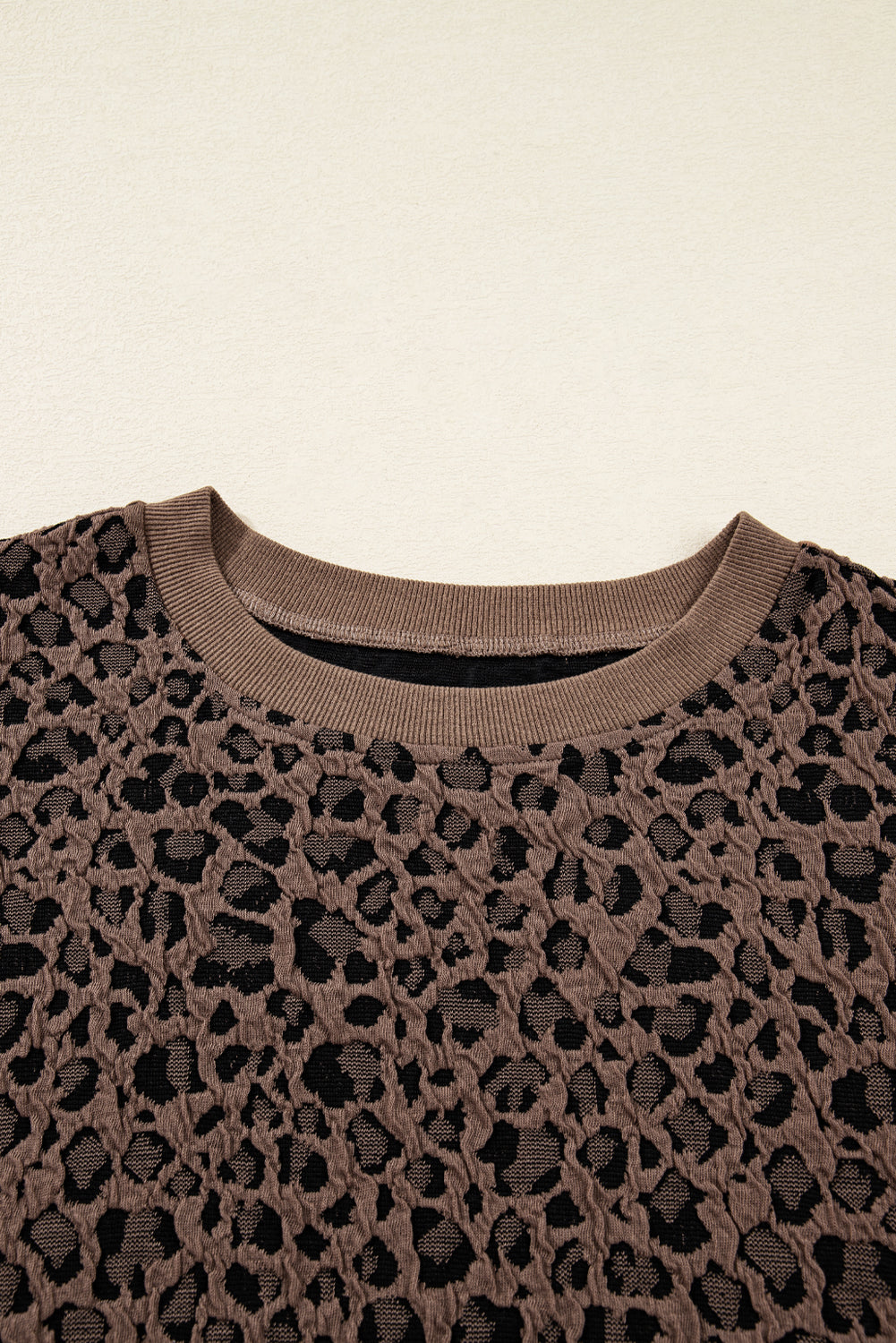 Womens Leopard Print Top, Brown Ribbed Trim Animal  Print Long Sleeve Top