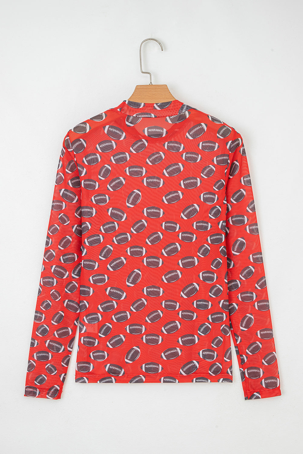 Red Football Mesh Top, Womens Game Day Sheer Long Sleeve Shirt, Sexy Mock Neck Football Print Top, Sporty Tailgate Outfit