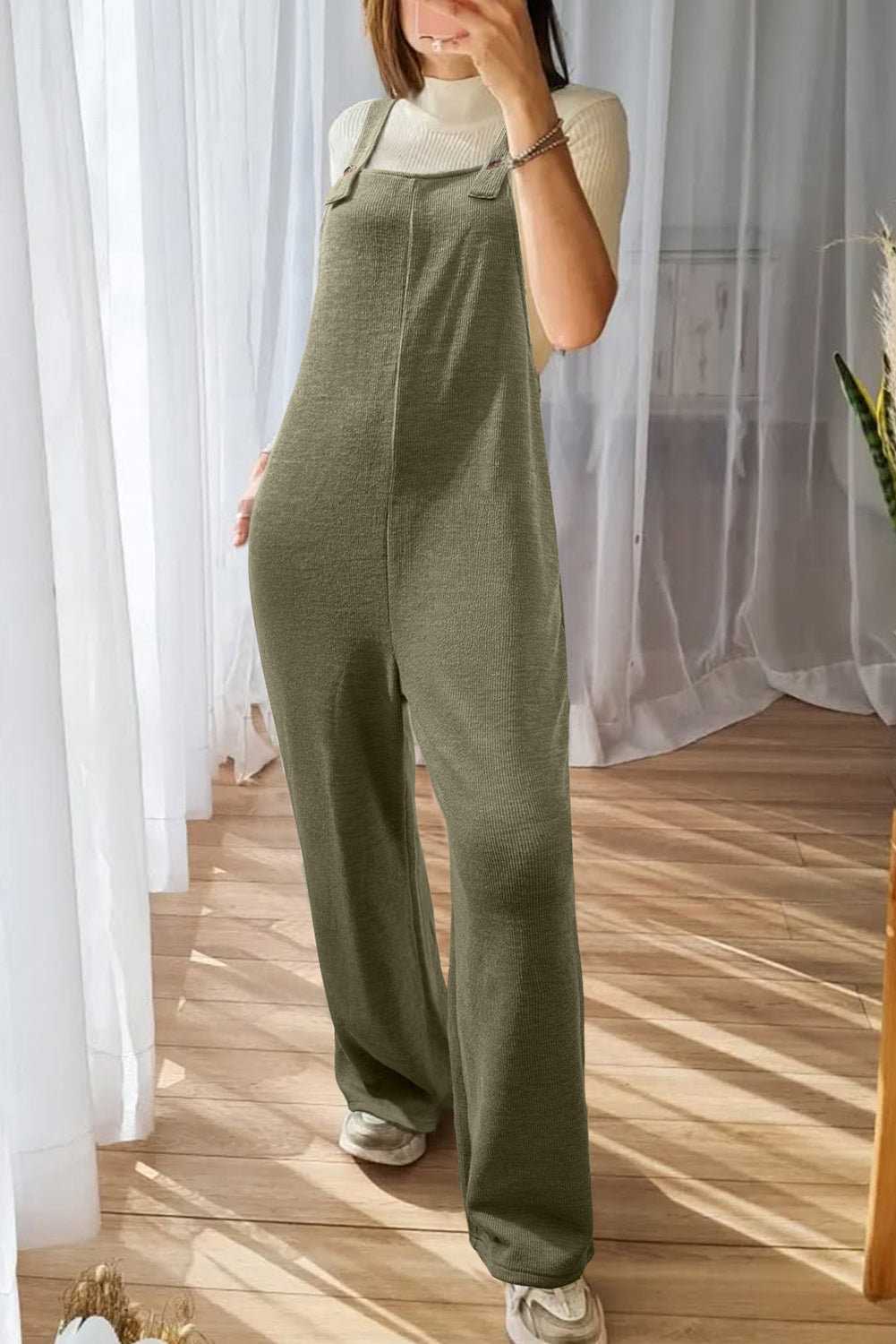 Green Knit Jumpsuit – Solid Color Casual Overall with Straight Leg & Pockets, Women’s Loose Fit One Piece Outfit