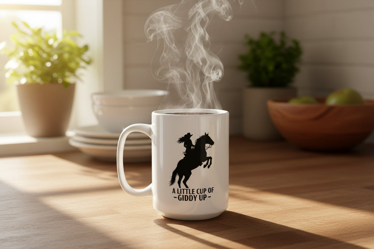 a little cup of giddy up western coffee mug sitting on kitchen counter