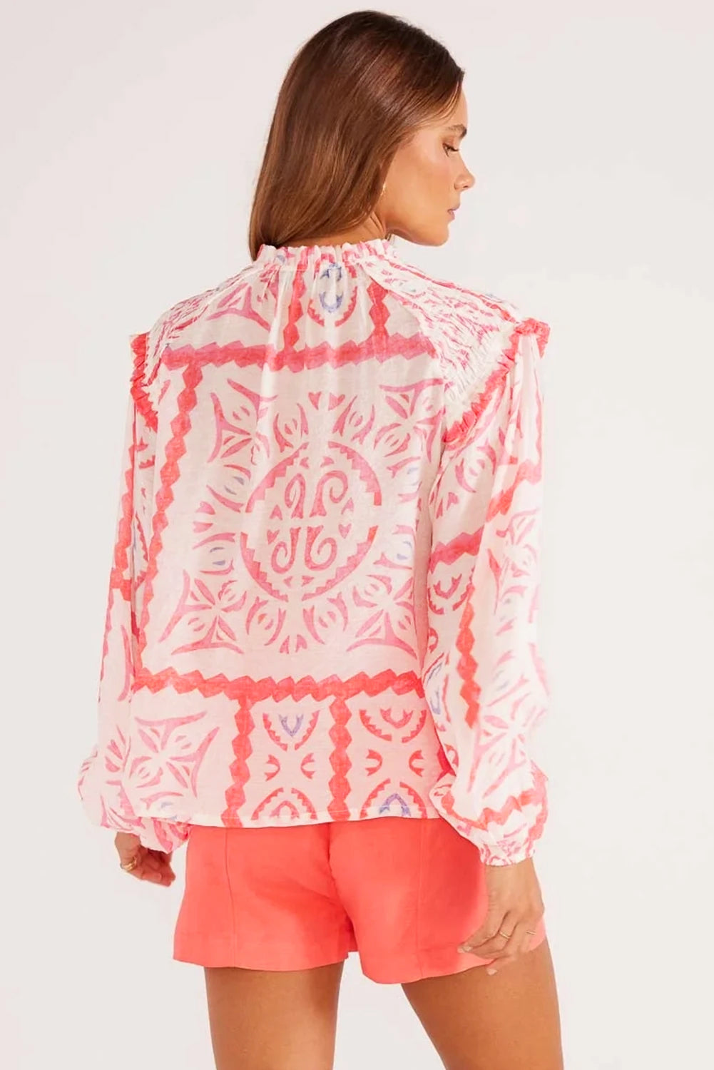Desert Flower Vintage Print Vintage Western Blouse with Poet Collar & Blouson Sleeves | Loose Fit Printed Top