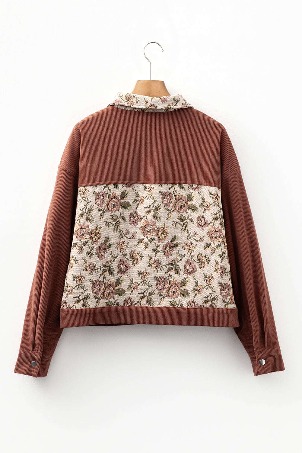 Women’s Fall Jacket – Brown Retro Floral Patchwork Western Shacket with Ribbed Texture