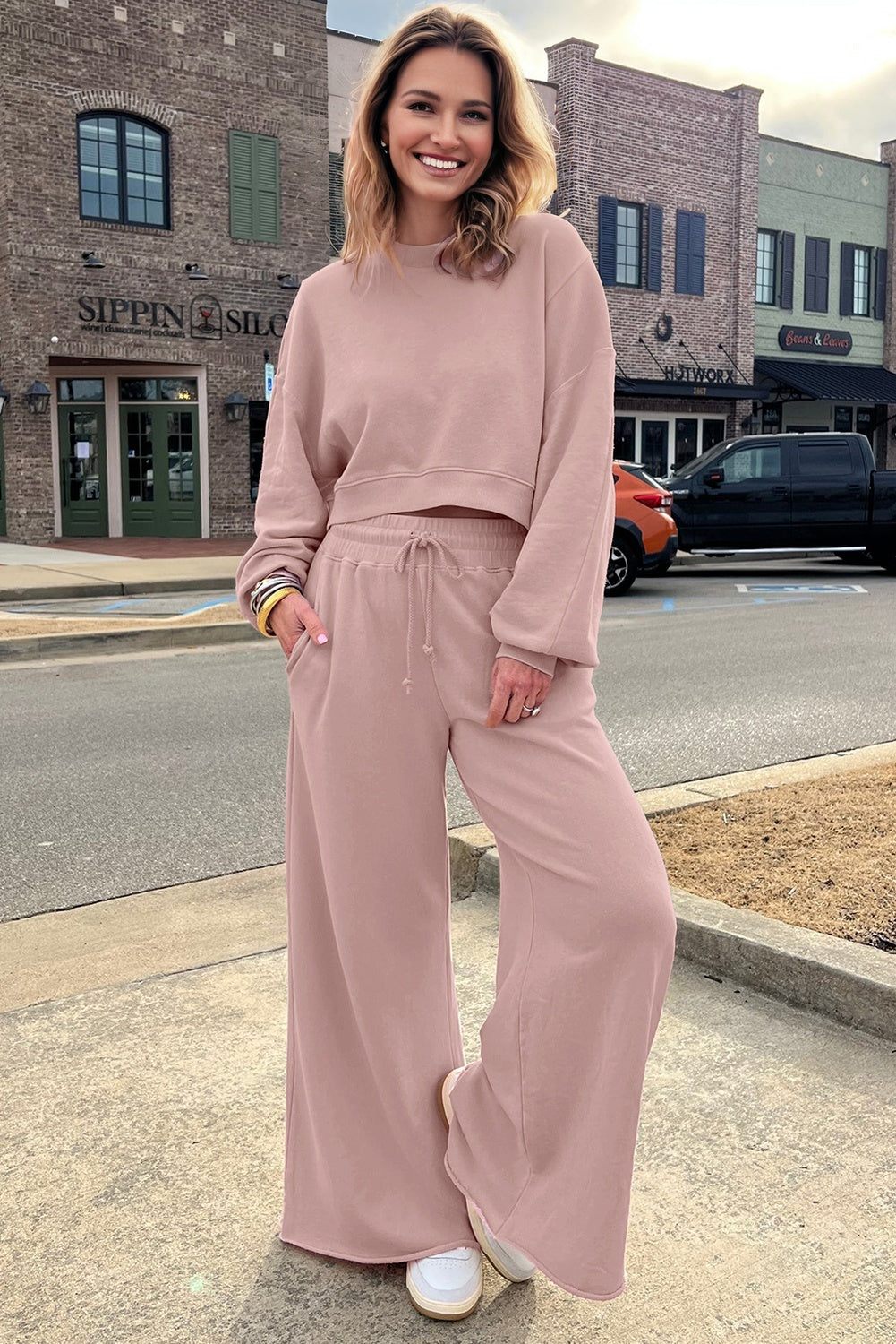 Light Pink Puff Sleeve Crop Top & Pants Set – 2 Piece Women’s Outfit, Drop Shoulder Pullover with Wide Leg Drawstring Pants