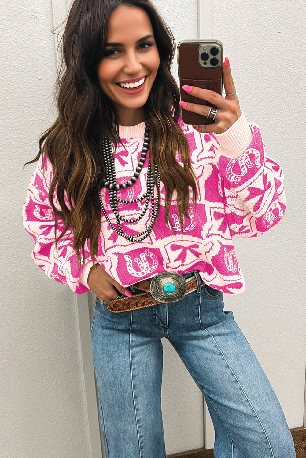 Pink Bows & Horseshoes Sweater, Western Pattern Knit Pullover, Cozy Womens Cowgirl Sweater FREE Shipping $35+, Cute Pink Western Style Top