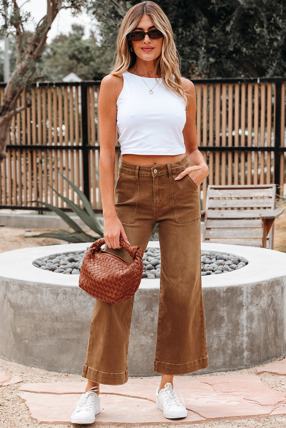 Brown Fall Cropped High Rise Wide Leg Jeans
