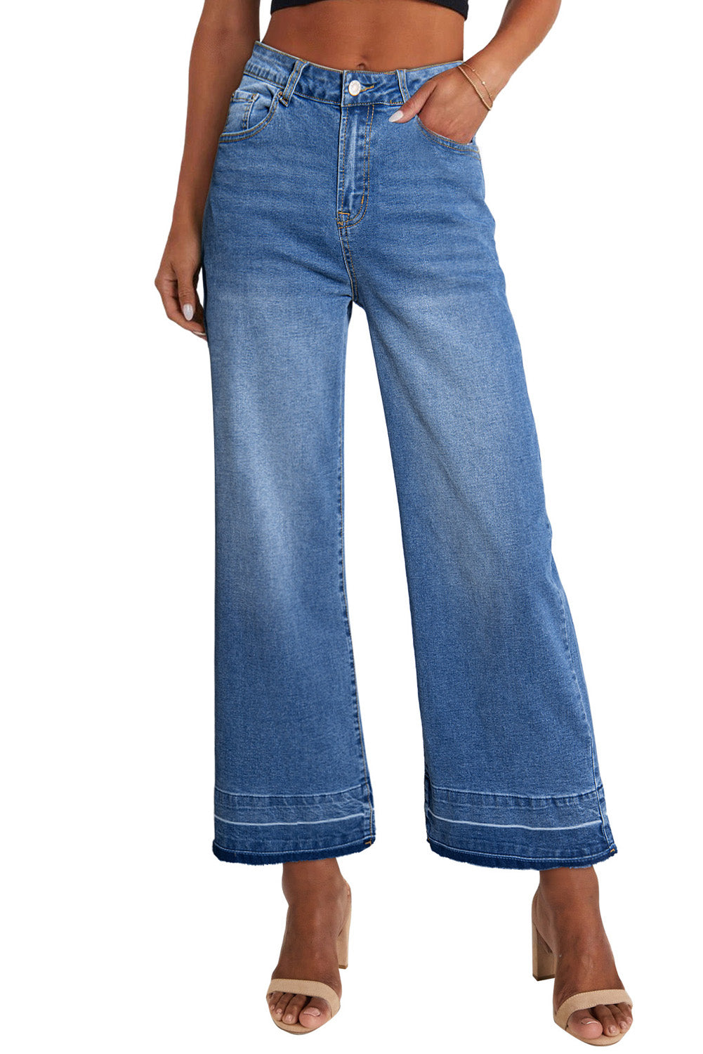 Womens High Waisted Cropped Jeans – Raw Hem Straight Leg Loose Fit Denim