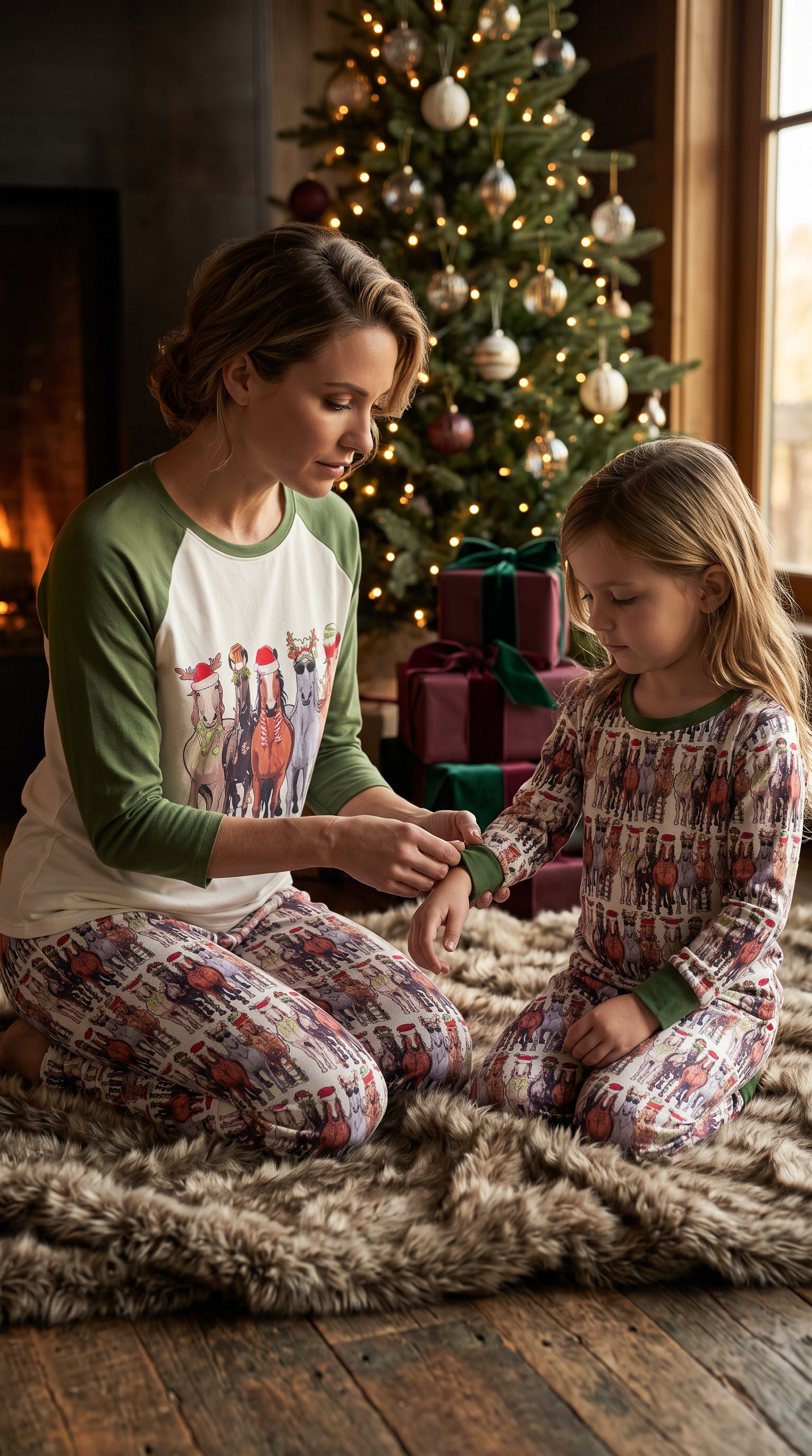 mom and daughter sitting on floor in front of christmas tree wearing adult and kids christmas horse pajamas