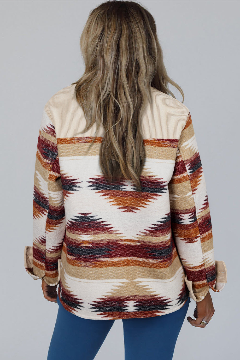 Western Aztec Patchwork Shacket | Multicolor Striped Corduroy Jacket with Raw Hem & Double Pockets