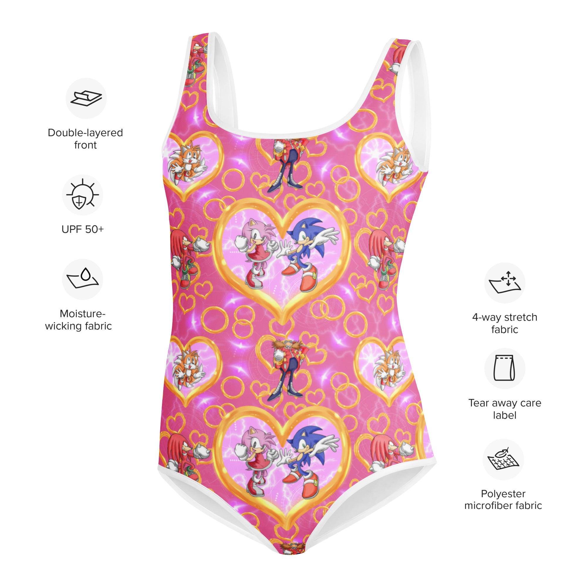SONIC GIRL Youth Swimsuit – Pink Sonic & Friends One-Piece, UPF Protection for Big Kids