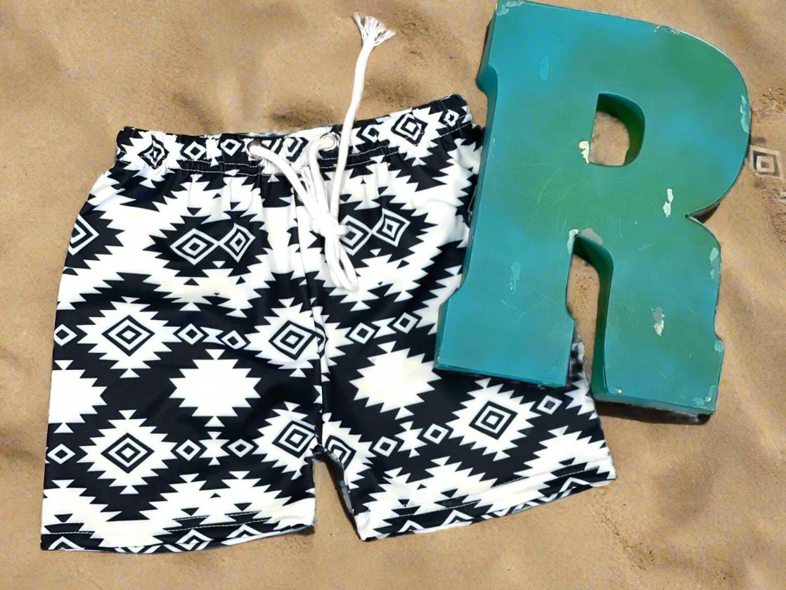 AZTEC Southwestern Swimsuit | Matching Sibling Family Swimsuits | WESTERN Baby Black and White Geometric - Razels