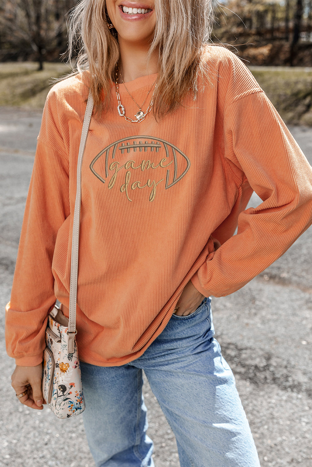Orange Game Day Corduroy Sweatshirt – Embroidered Football Pullover, Oversized Fall & Winter Gameday Outfit Women’s Cozy Ribbed Top