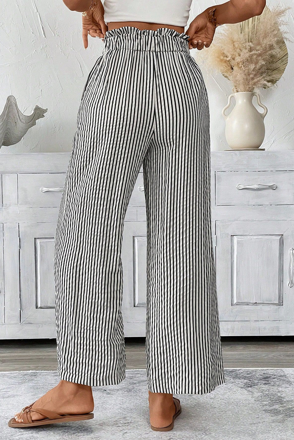 Black Striped Tie Waist Casual Pants – Loose Fit Lightweight Travel Trousers for Women