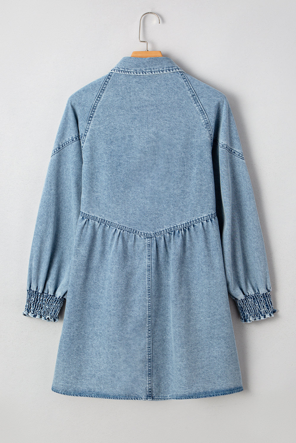 Blue Ruffle Denim Mini Dress – Smocked Cuffs, Flared Skirt & Heart Buttons, Western Denim dress