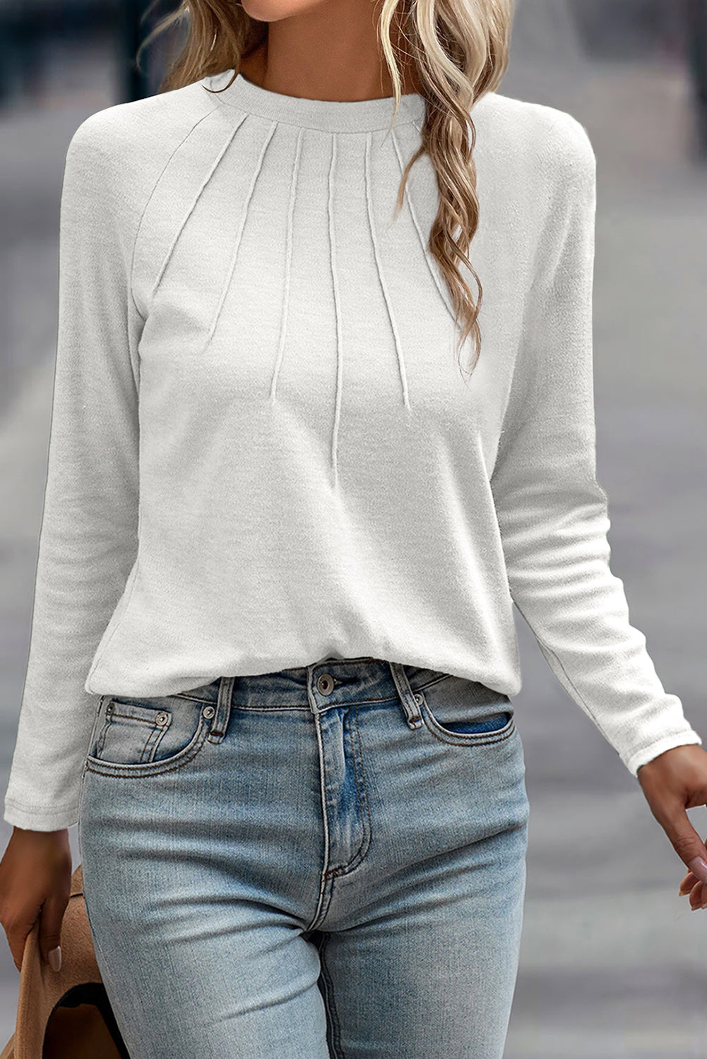 White Raglan Long Sleeve Top – Slim Fit Seam Detail Crewneck Shirt