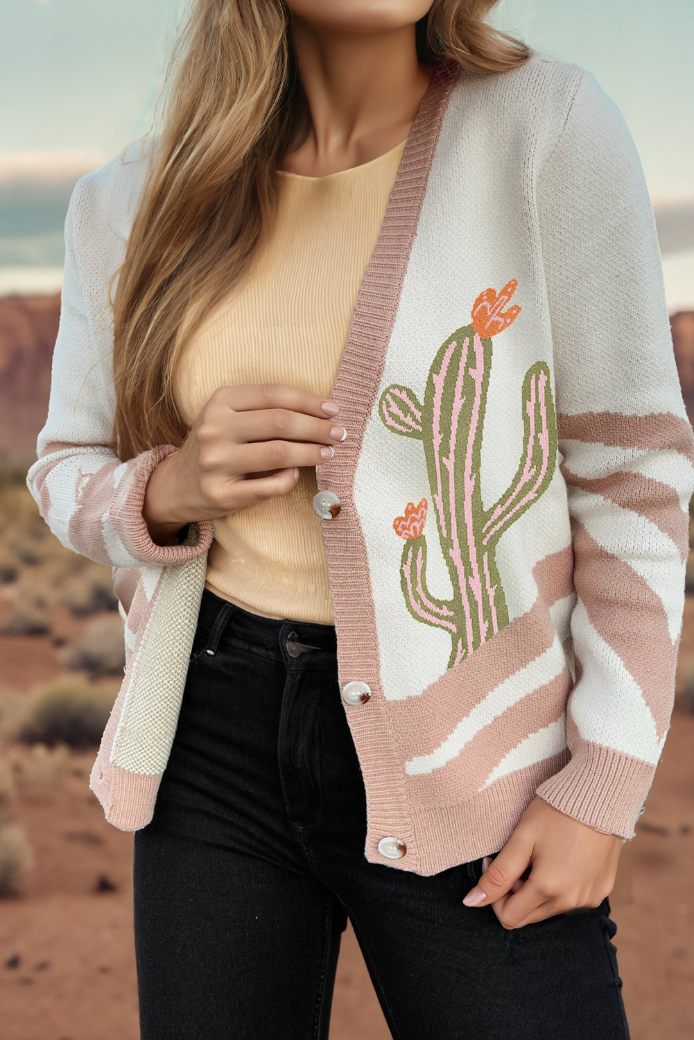 Desert Cactus Buttoned Front Sweater Cardigan