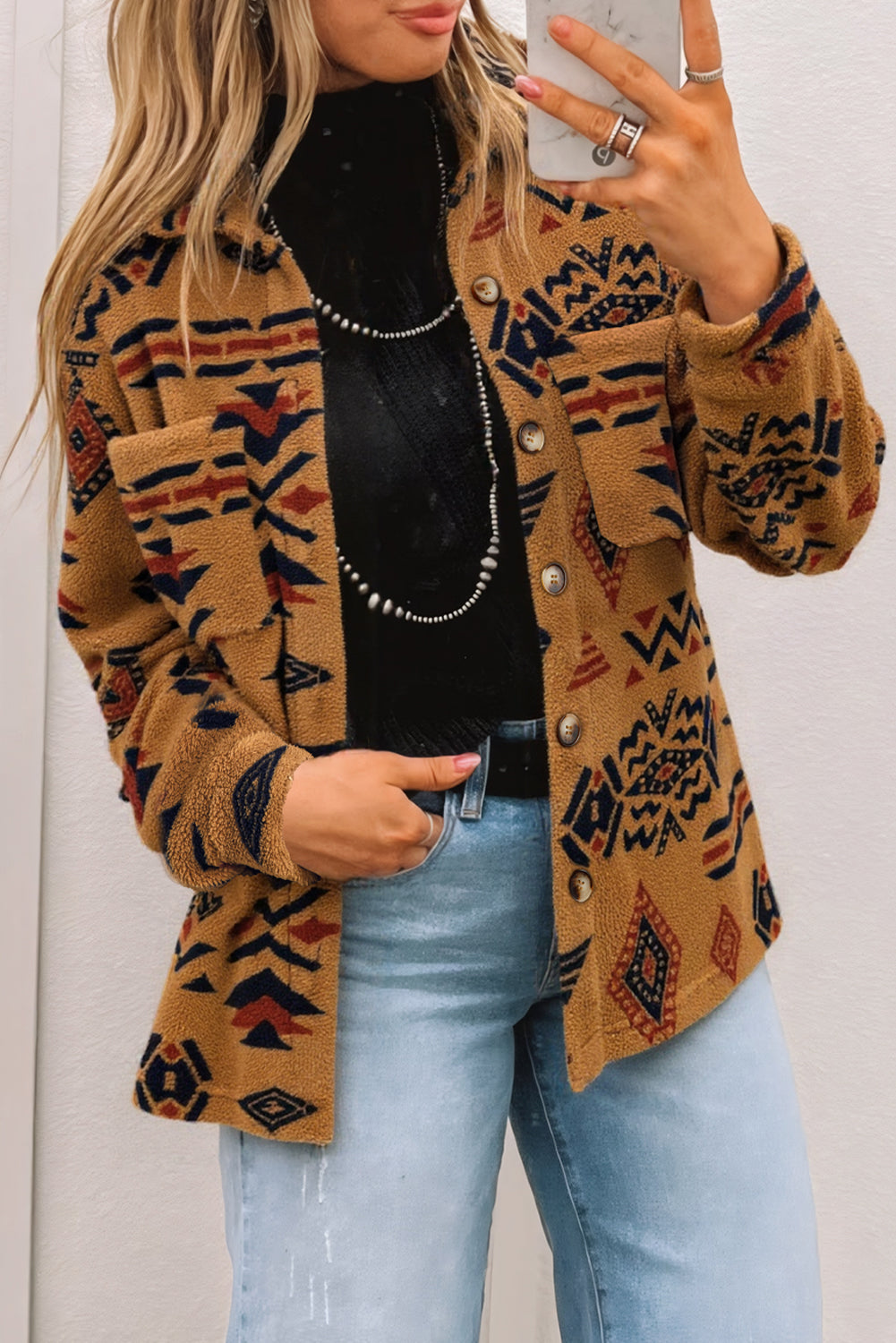 Khaki Aztec Fleece Shacket – Western Button Front Jacket Shirt with Pockets, Cozy Fall & Winter Layering Top