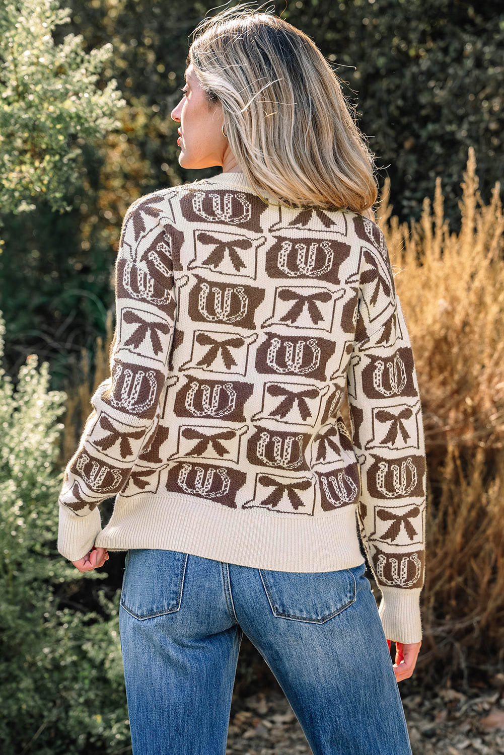 Brown Bows & Horseshoes Western Print Sweater | Cozy Cowgirl Knit Pullover