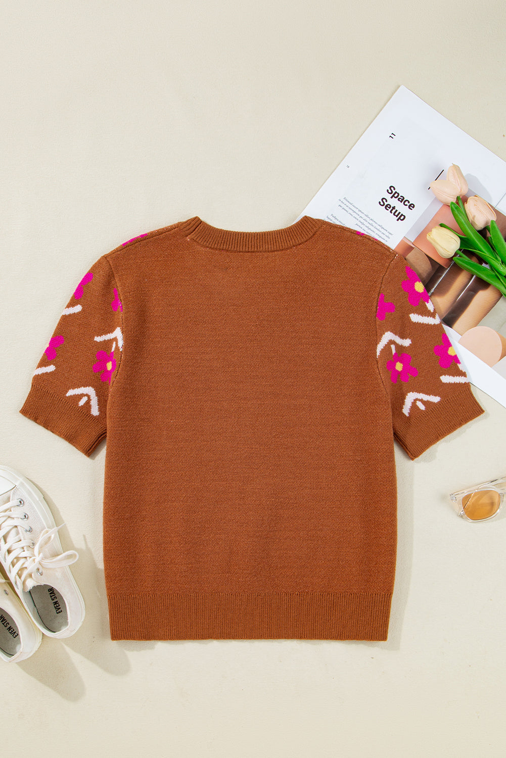 Women’s Fall Floral Sweater | Brown &amp; Pink Short Puff Sleeve Knit Top