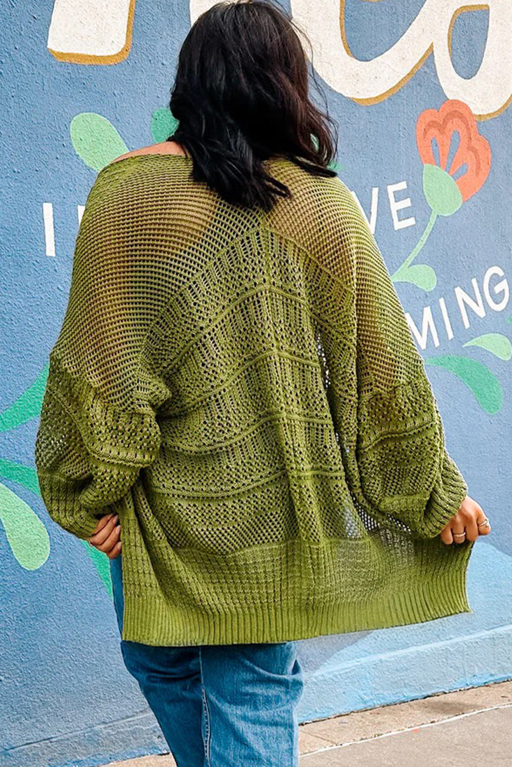 Women’s Fall Cardigan | Oversized Spinach Green Crochet Knit Open Front Sweater