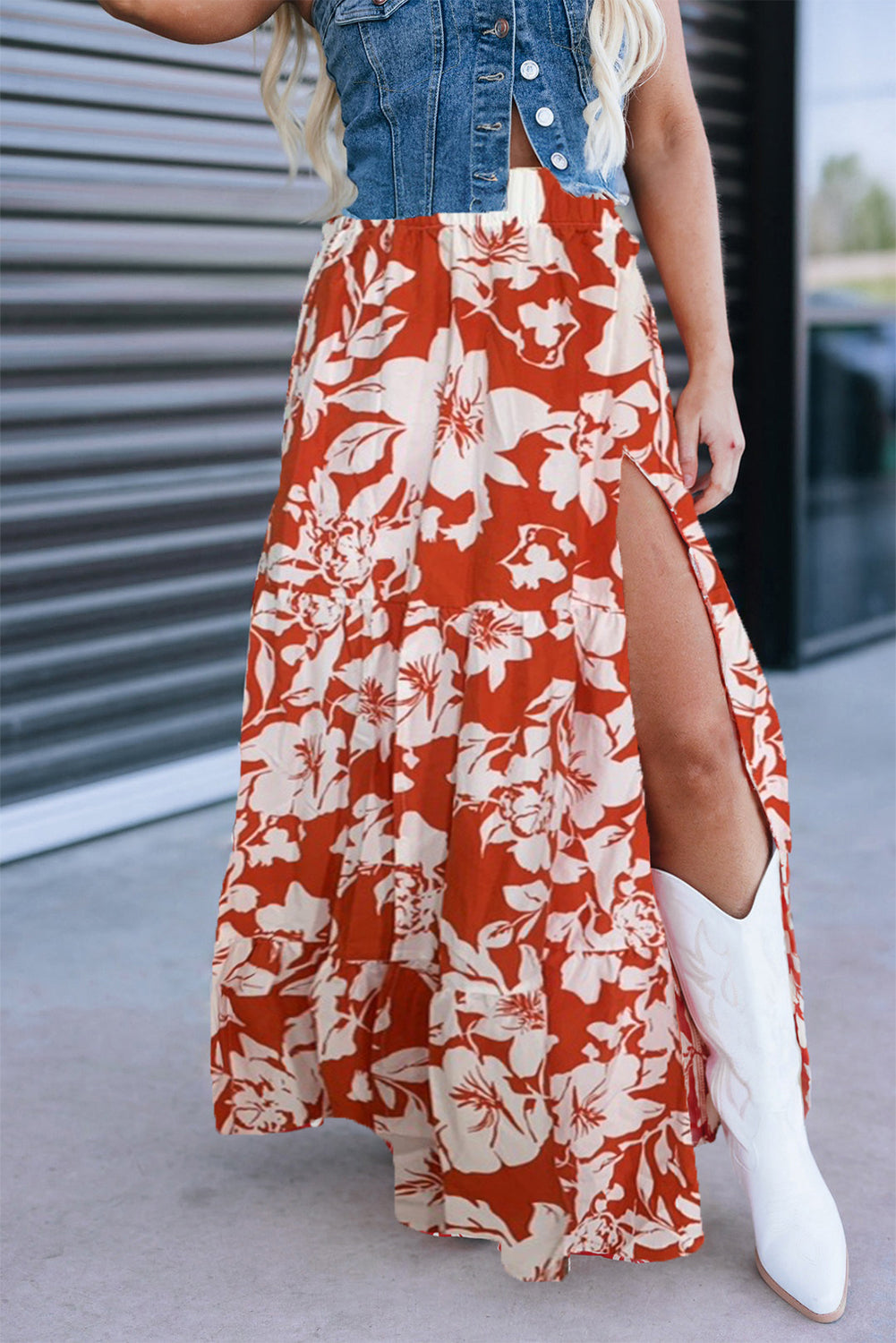 Red High Split Floral Maxi Skirt – Western Cowgirl Boho Skirt with Elastic Waist, Flowy Long Floral Skirt Women’s Country Concert Outfit