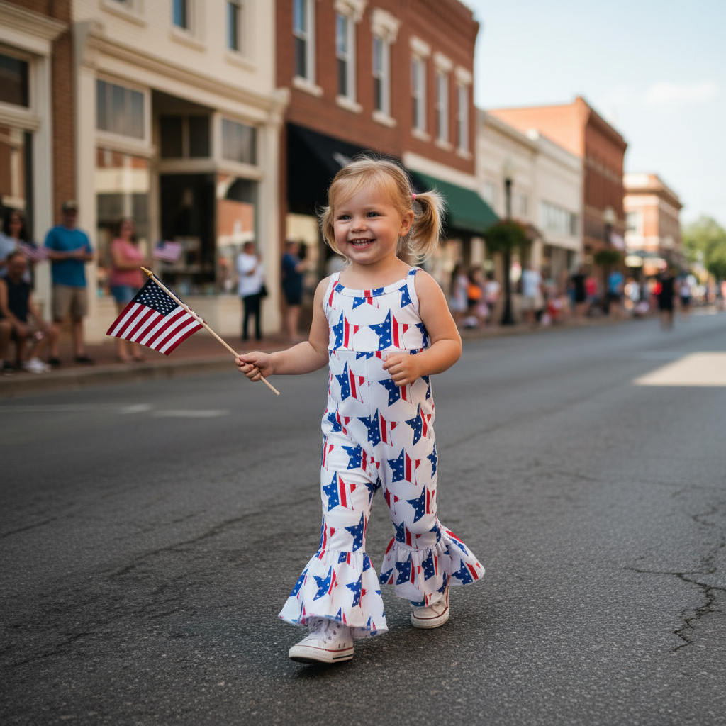 girl walking in parade wearing this baby girls all american star jumpsuit romper