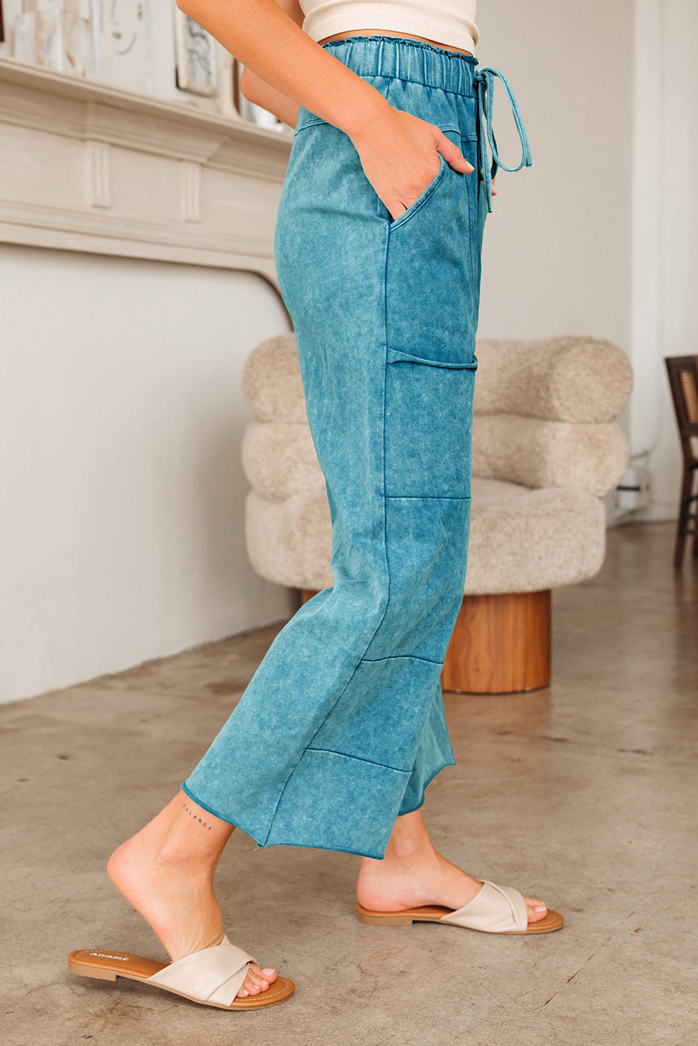 Women’s Mineral Wash Pants | Lace-Up High Waist Raw Hem Patch Pocket Lounge Pants