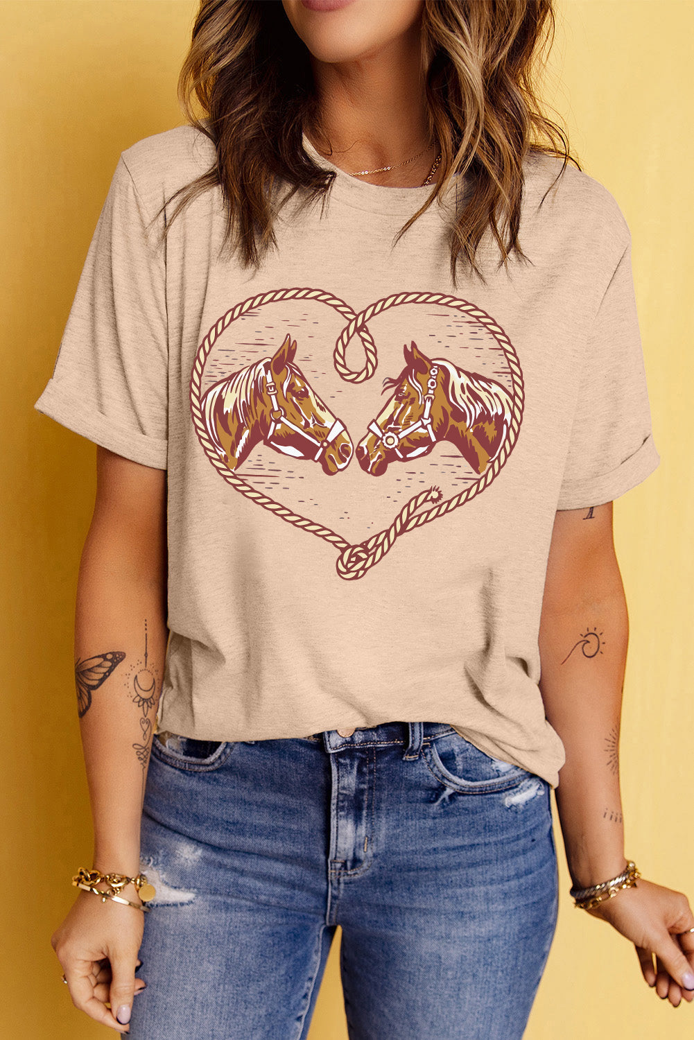 Western Horse Graphic T-Shirt | Cowgirl Casual Tee with Heart Rope Design