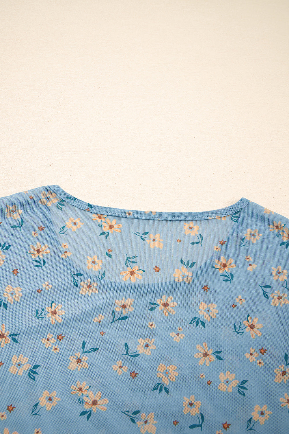 Sky Blue Floral Mesh Top, Vintage Sheer Long Sleeve Blouse, Womens Slim Fit Southern Style Top, Sexy Sheer Lettuce Trim Shirt
