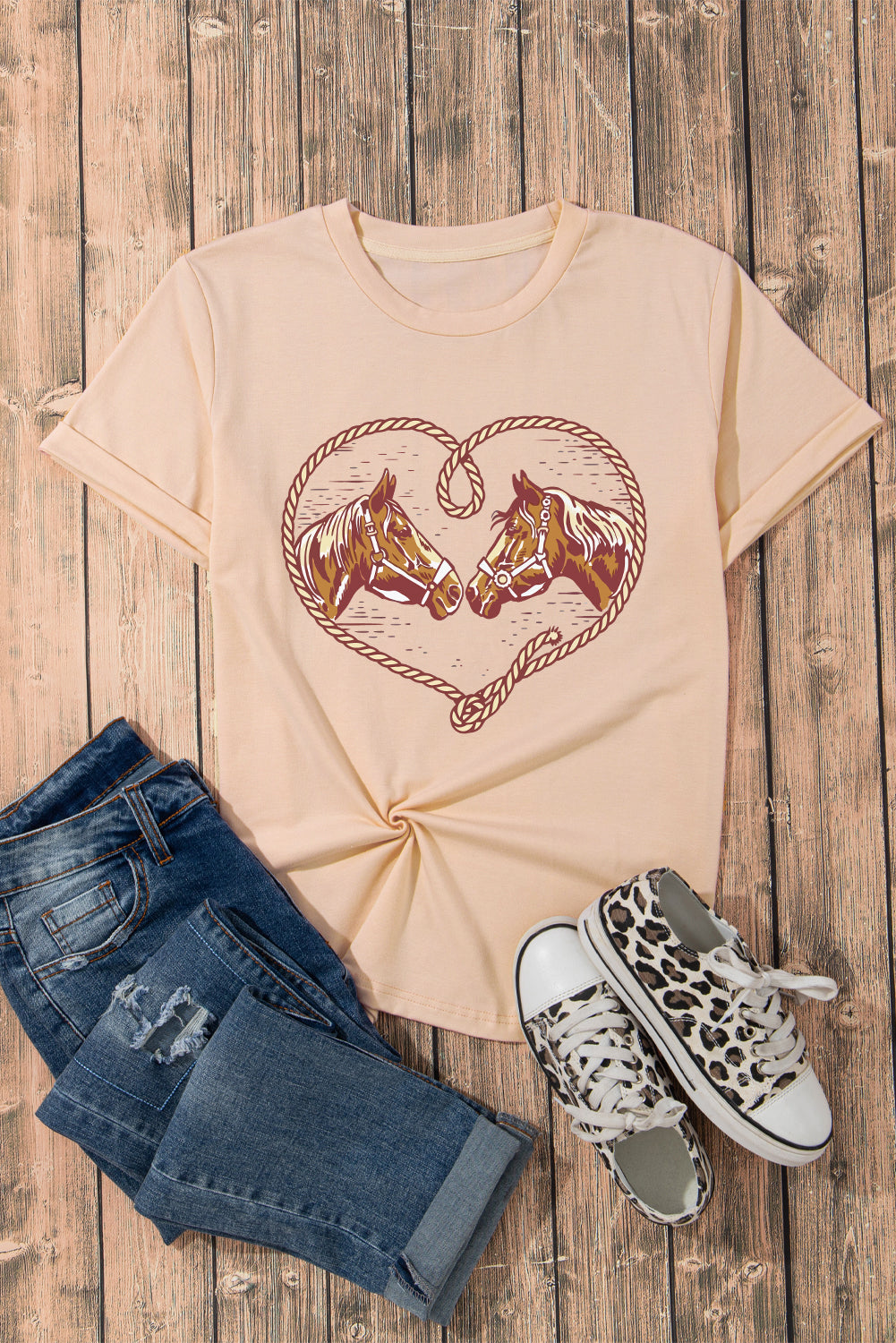 Western Horse Graphic T-Shirt | Cowgirl Casual Tee with Heart Rope Design
