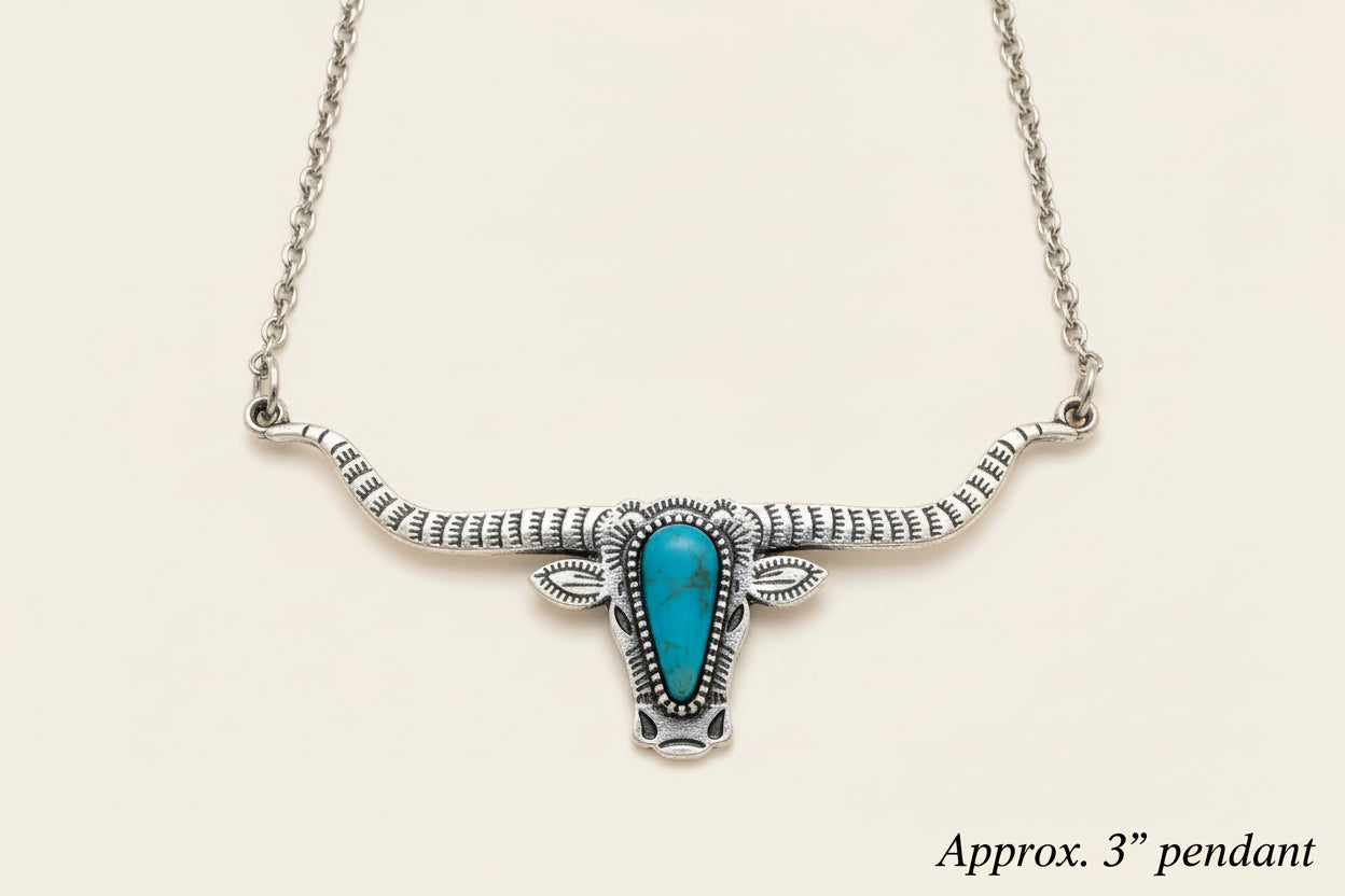 Bold and Beautiful: Split Chain Longhorn Necklace with Turquoise Stone. Embrace a bold, Western style with our stunning Split Chain Longhorn Necklace—designed for those who truly & grab life by the horns. Ships FREE with $35+ purchase