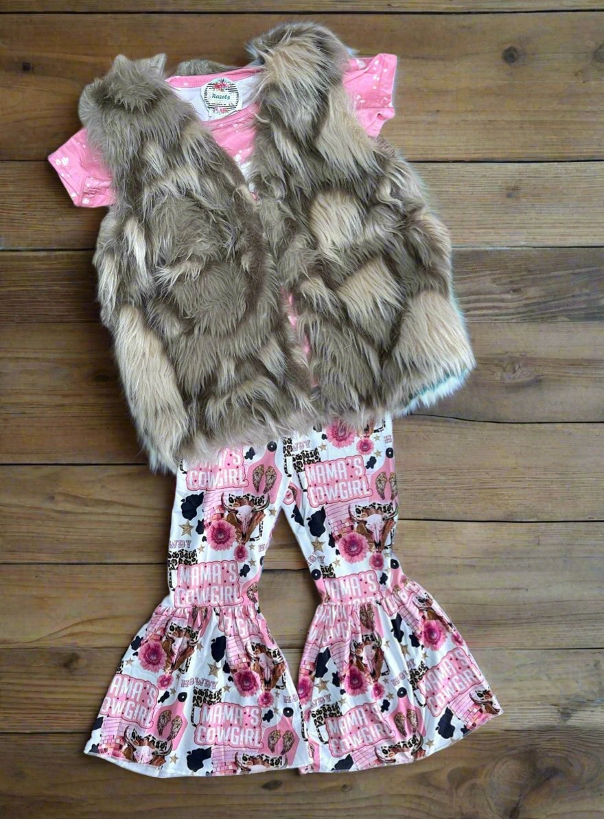 Bell Bottom Outfit Mama’s Mini Mama's Cowgirl Pink Bell Bottom Set Back to School Western Girls Clothing Pant set - Razels