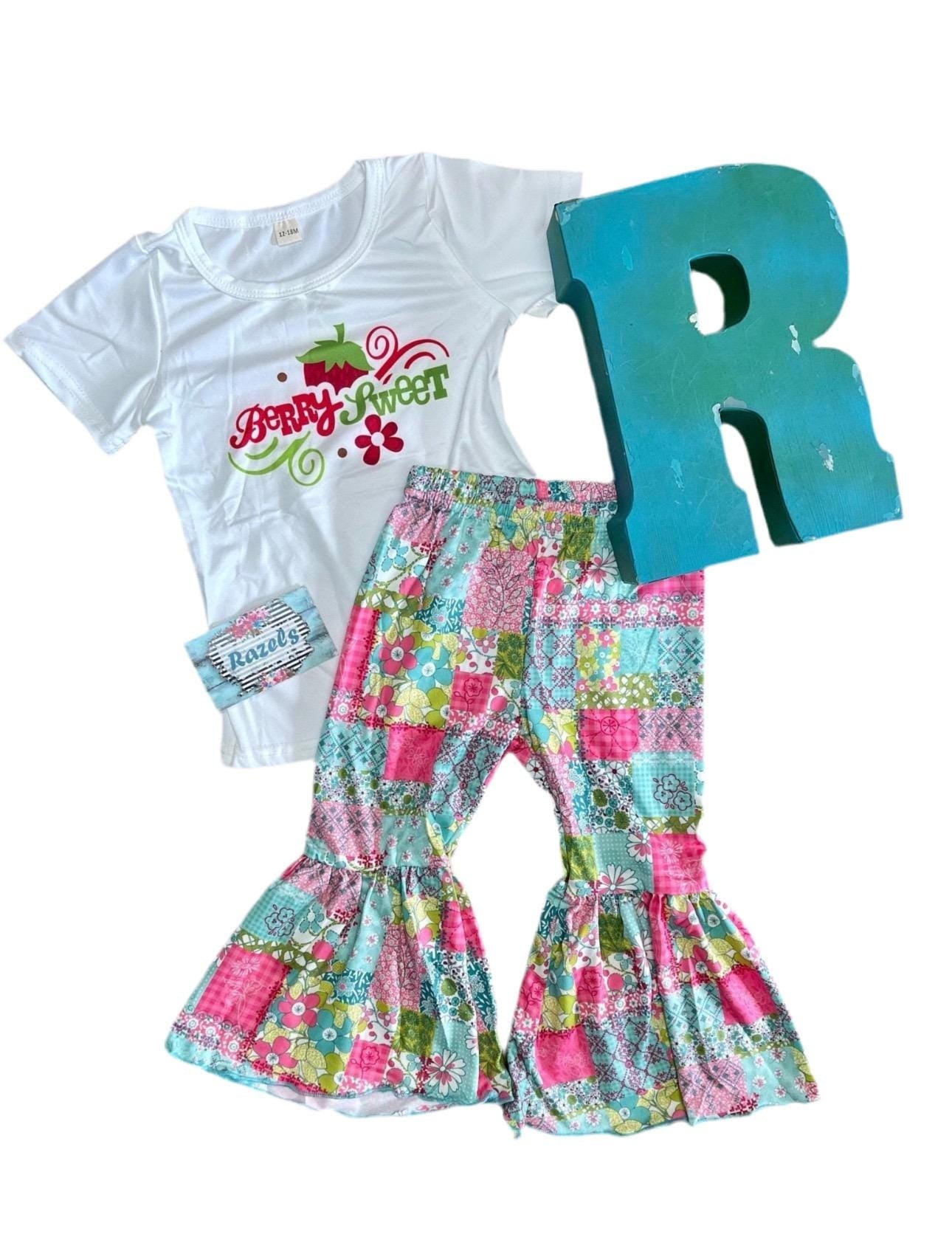 Berry Sweet Strawberry Bell Bottom Outfit, Strawberry Patchwork Bell Bottoms - Razels