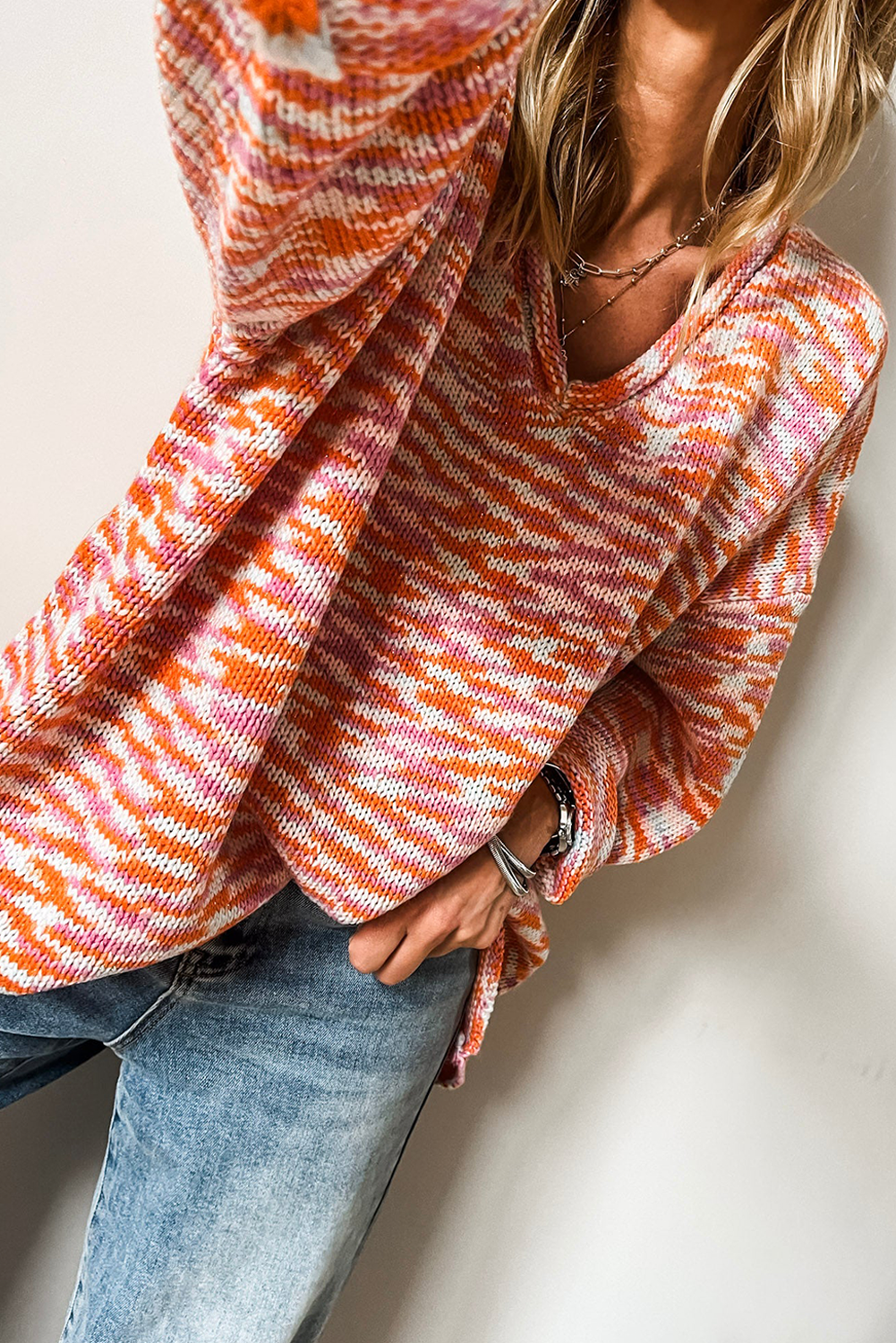 Women’s Orange Oversized Sweater – Fall Abstract Print V-Neck Drop Shoulder Tunic
