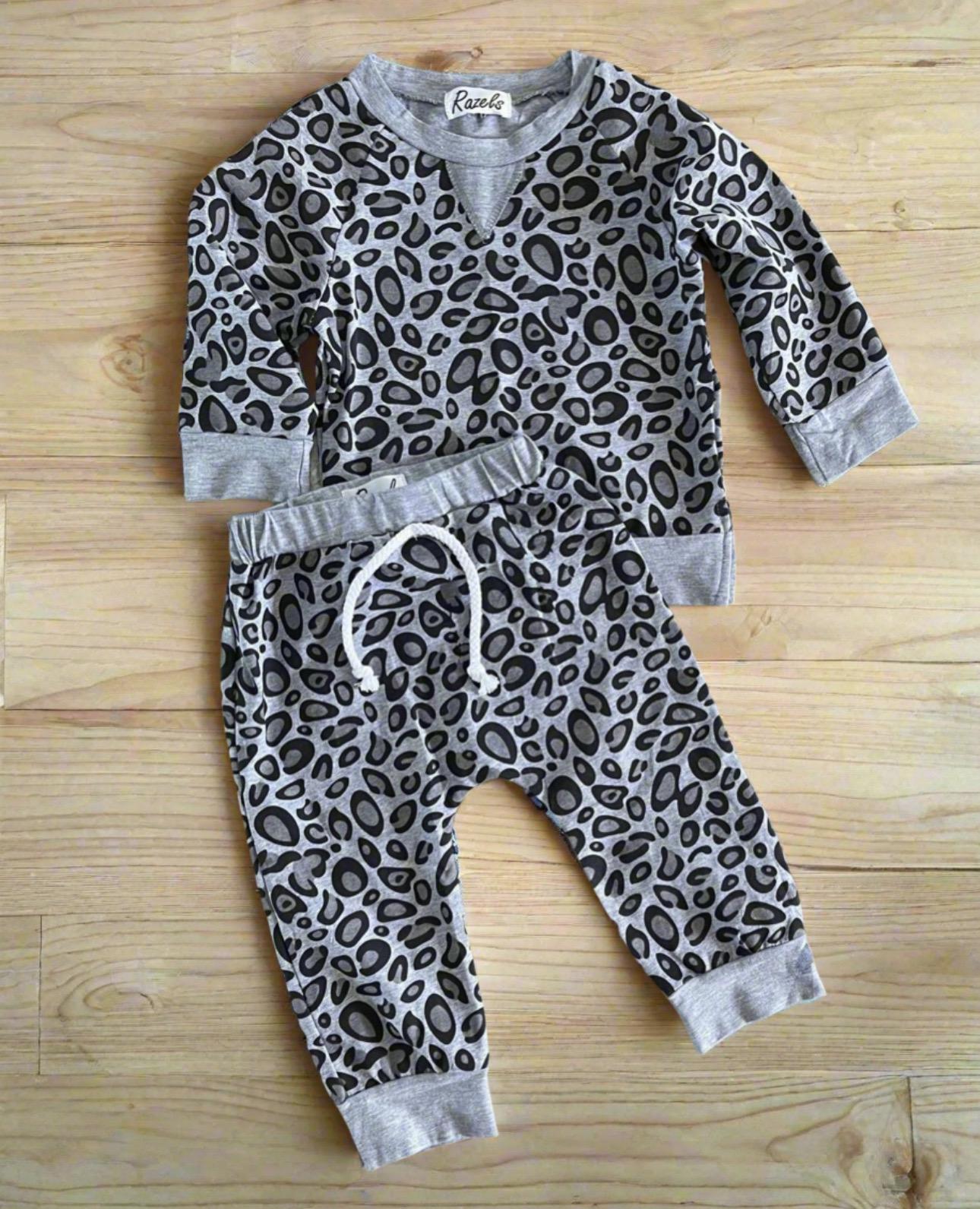 Black Grey Cheetah Jogger Outfit for baby toddler size 1 - 2 years, lightweight Leopard Unisex Sweats - Razels