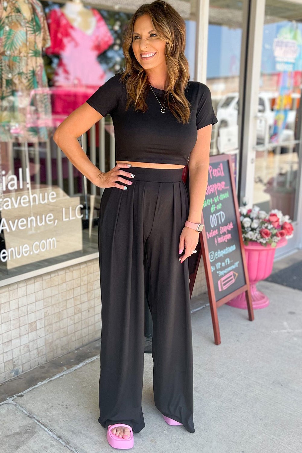 Black Slim Fit Crop Top and Pleated Wide Leg Pants Set - Razels