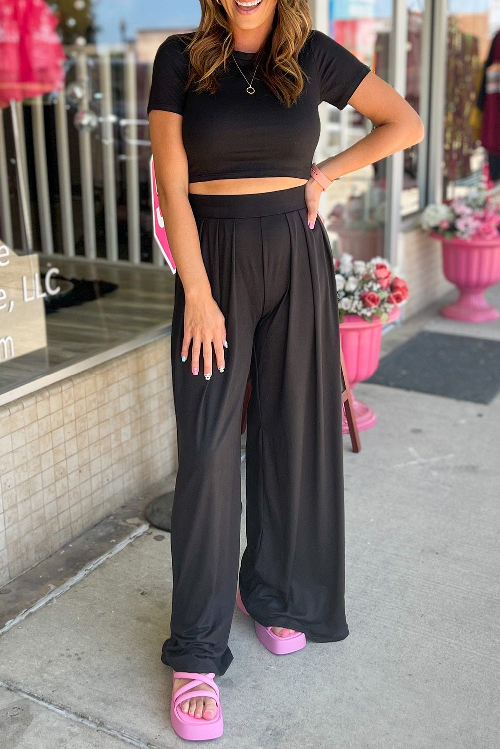 Black Slim Fit Crop Top and Pleated Wide Leg Pants Set - Razels