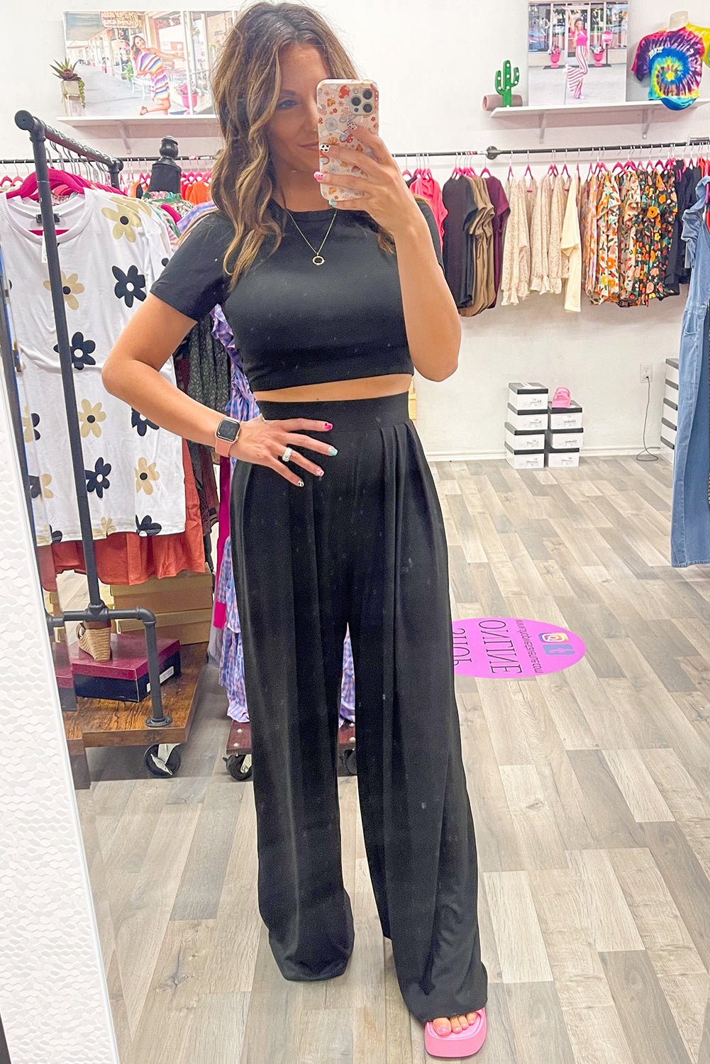 Black Slim Fit Crop Top and Pleated Wide Leg Pants Set - Razels