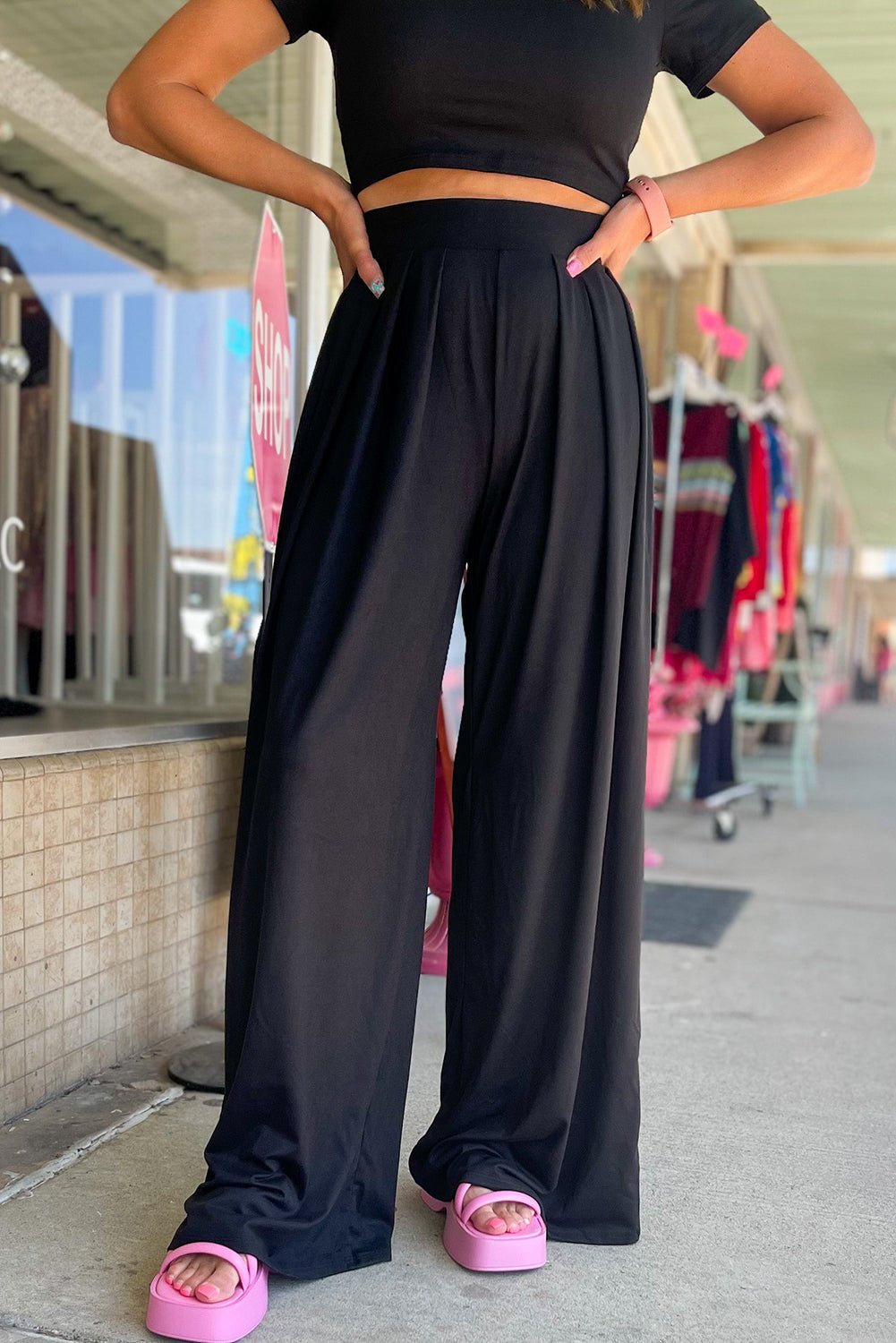 Black Slim Fit Crop Top and Pleated Wide Leg Pants Set - Razels