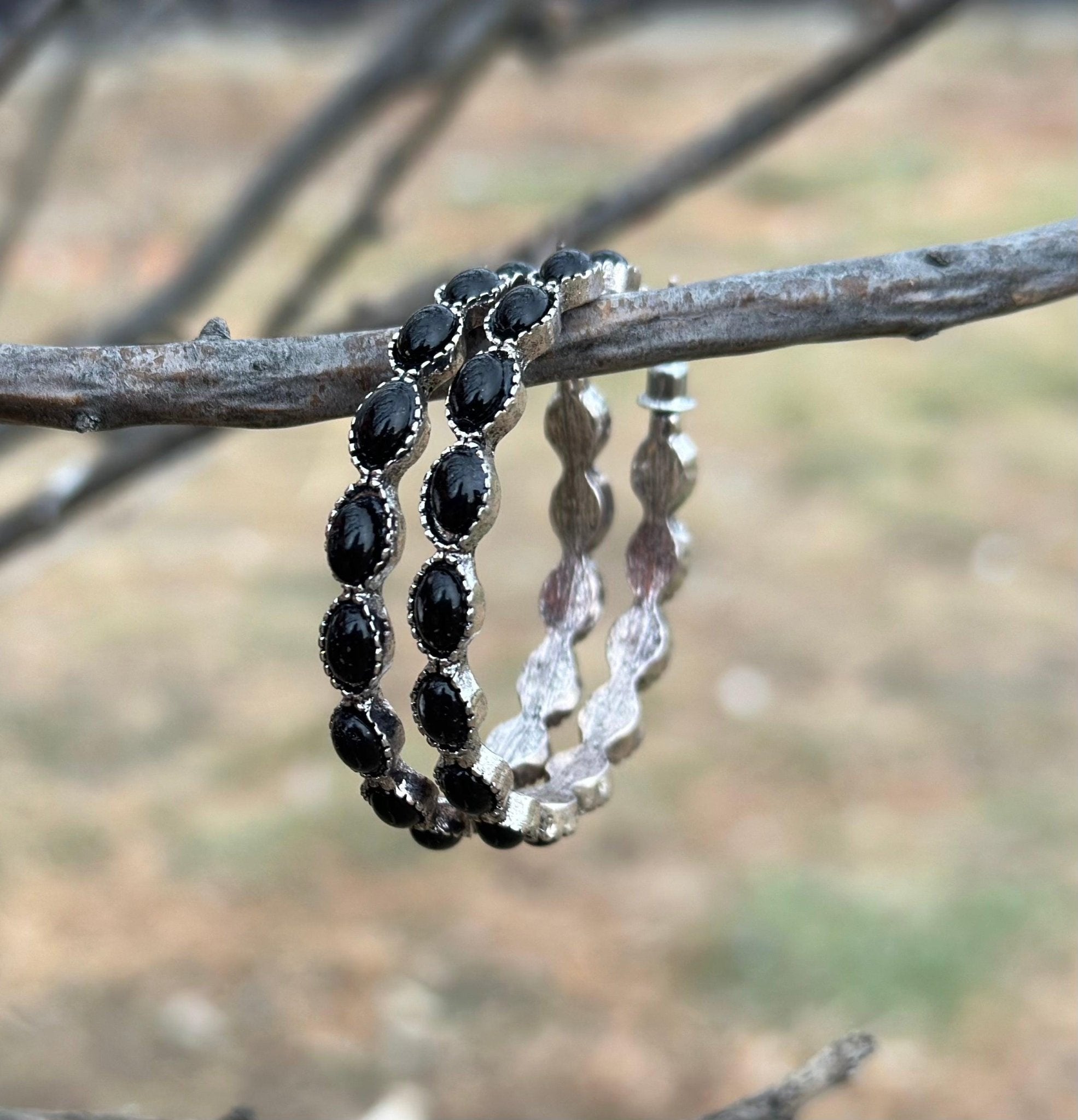 Black Stone Hoop Earrings - Large Black Earrings, Black Hoop Earrings - Razels