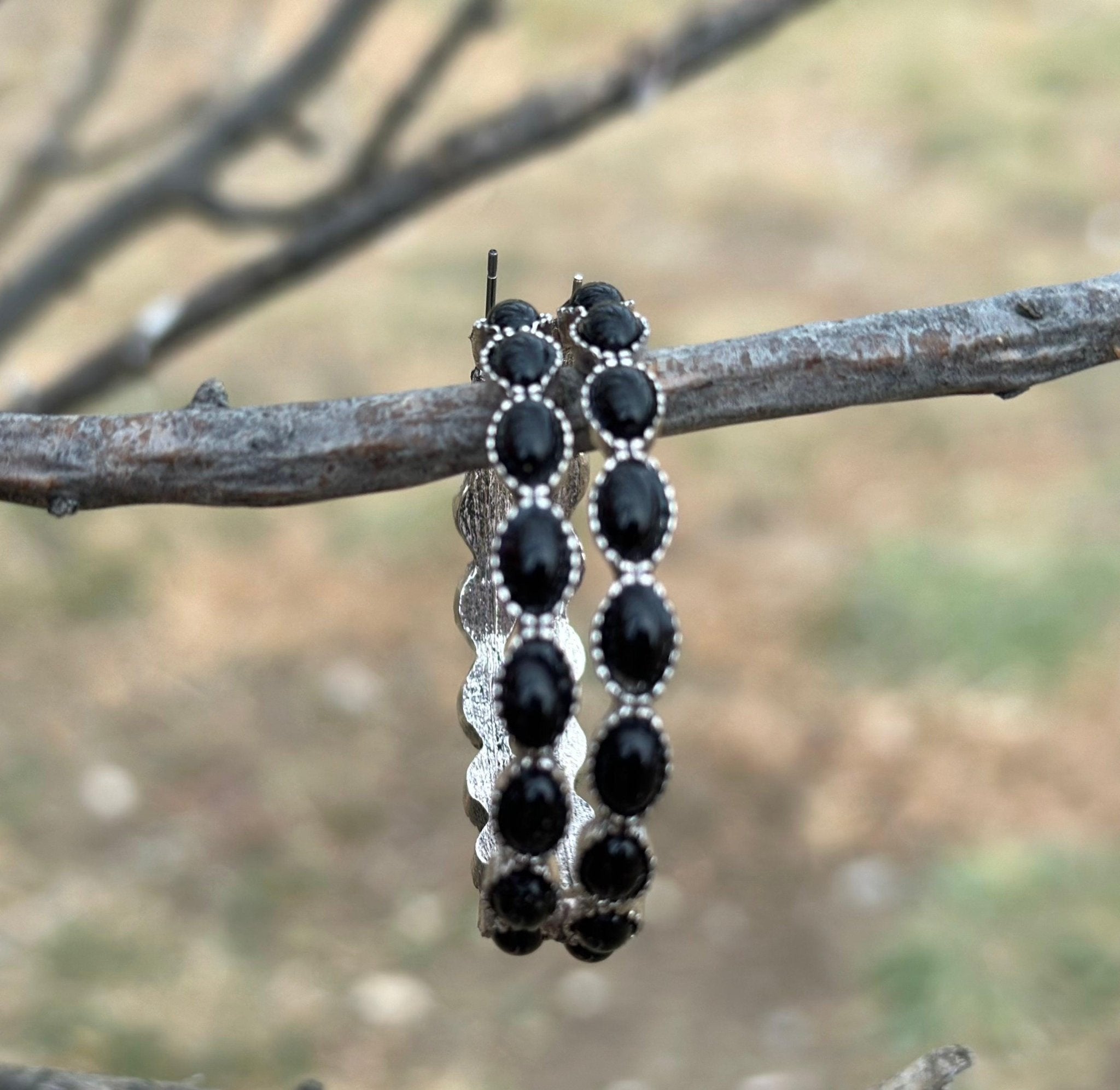 Black Stone Hoop Earrings - Large Black Earrings, Black Hoop Earrings - Razels