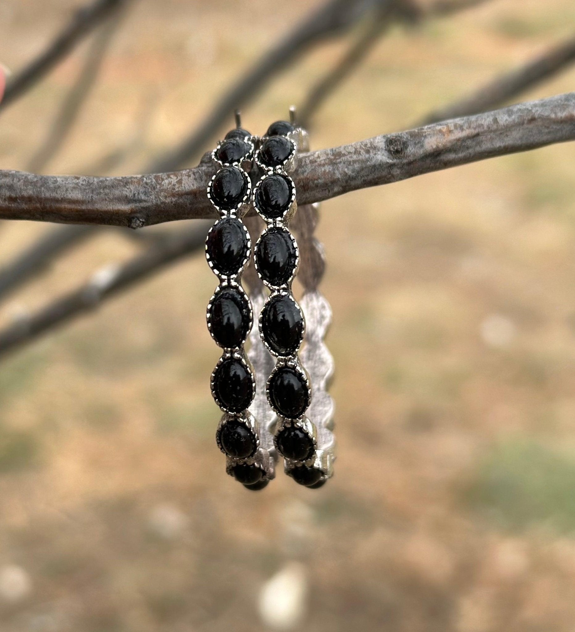 Black Stone Hoop Earrings - Large Black Earrings, Black Hoop Earrings - Razels