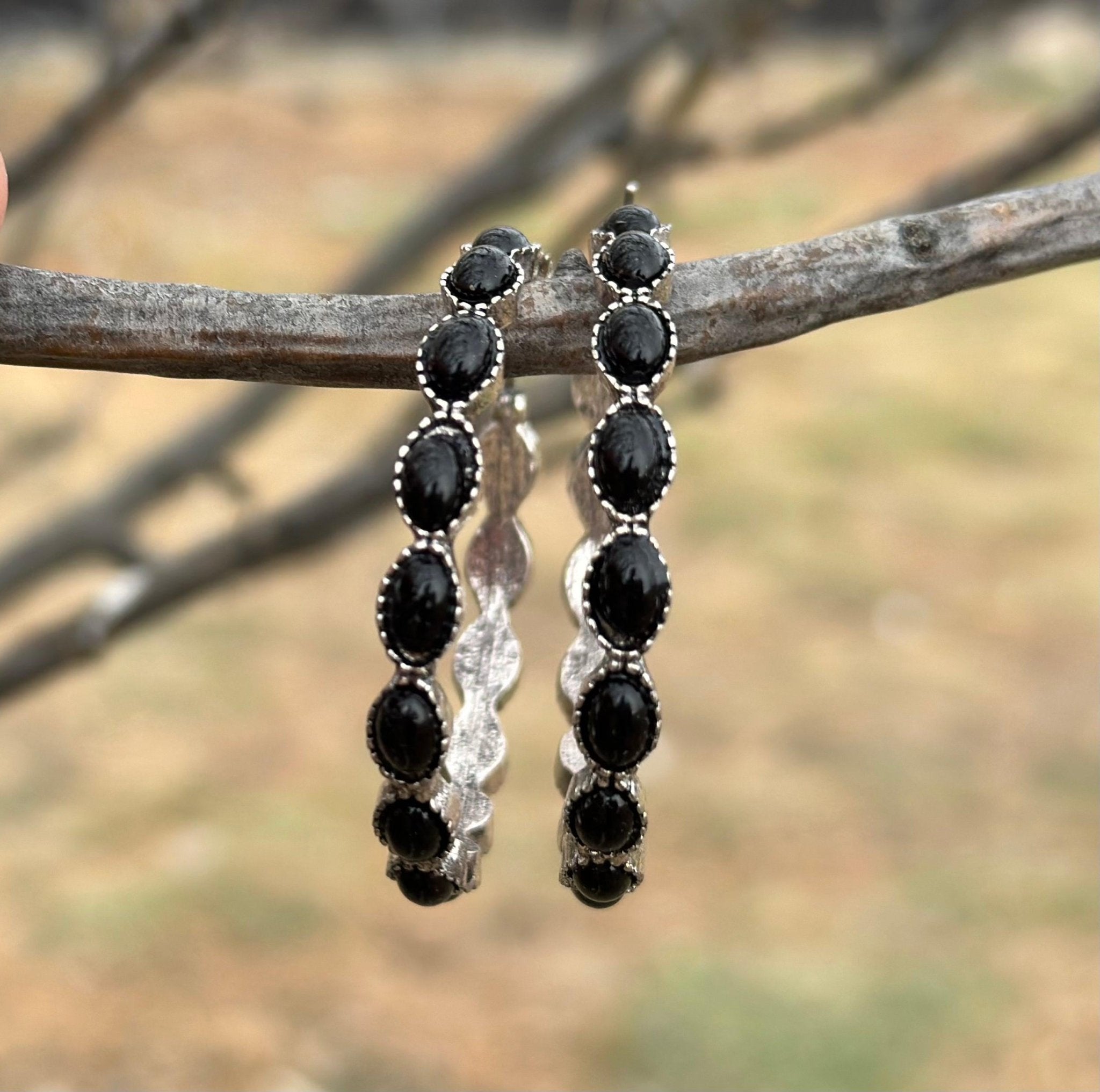 Black Stone Hoop Earrings - Large Black Earrings, Black Hoop Earrings - Razels