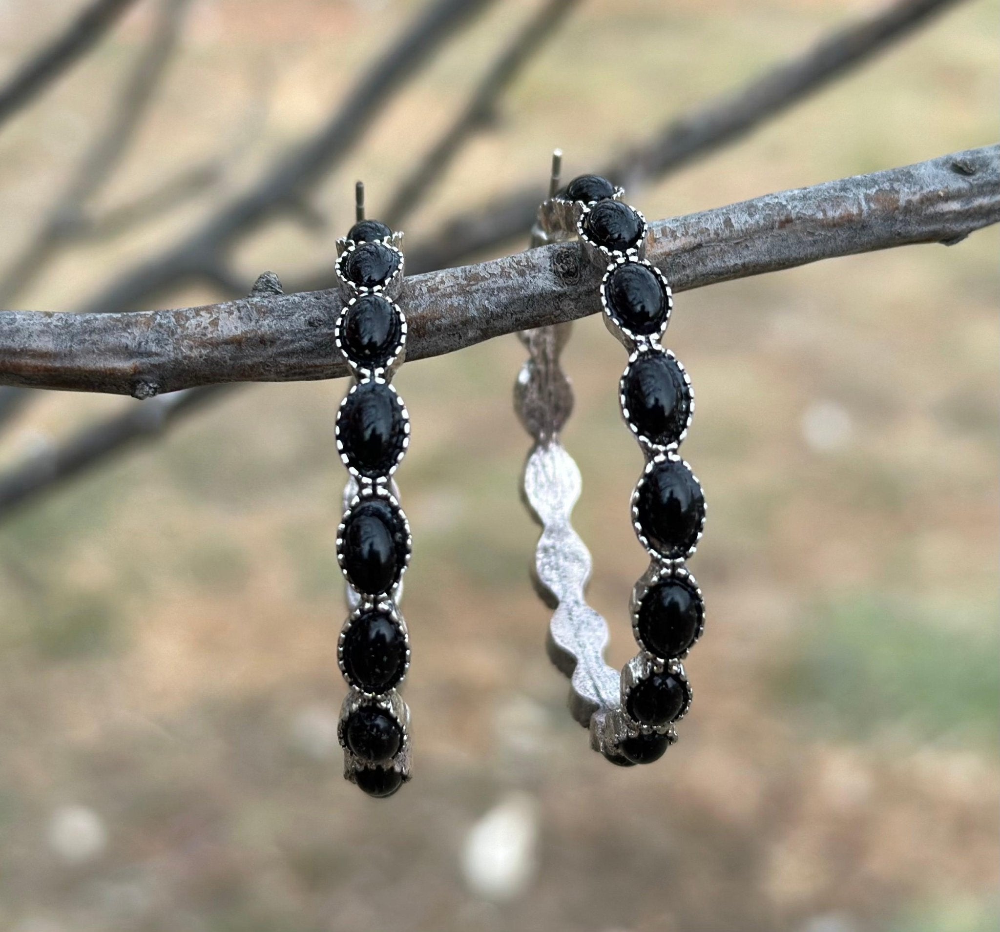 Black Stone Hoop Earrings - Large Black Earrings, Black Hoop Earrings - Razels