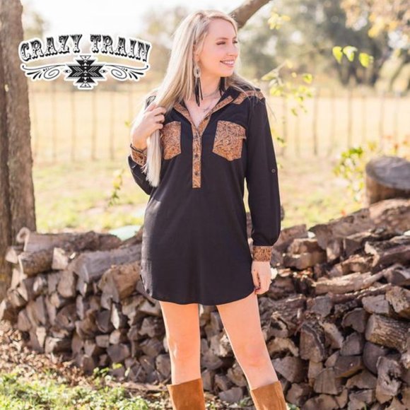 Black Tunic Dress, Womens Tooled Leather Accents, Cowgirl Tunic - Razels